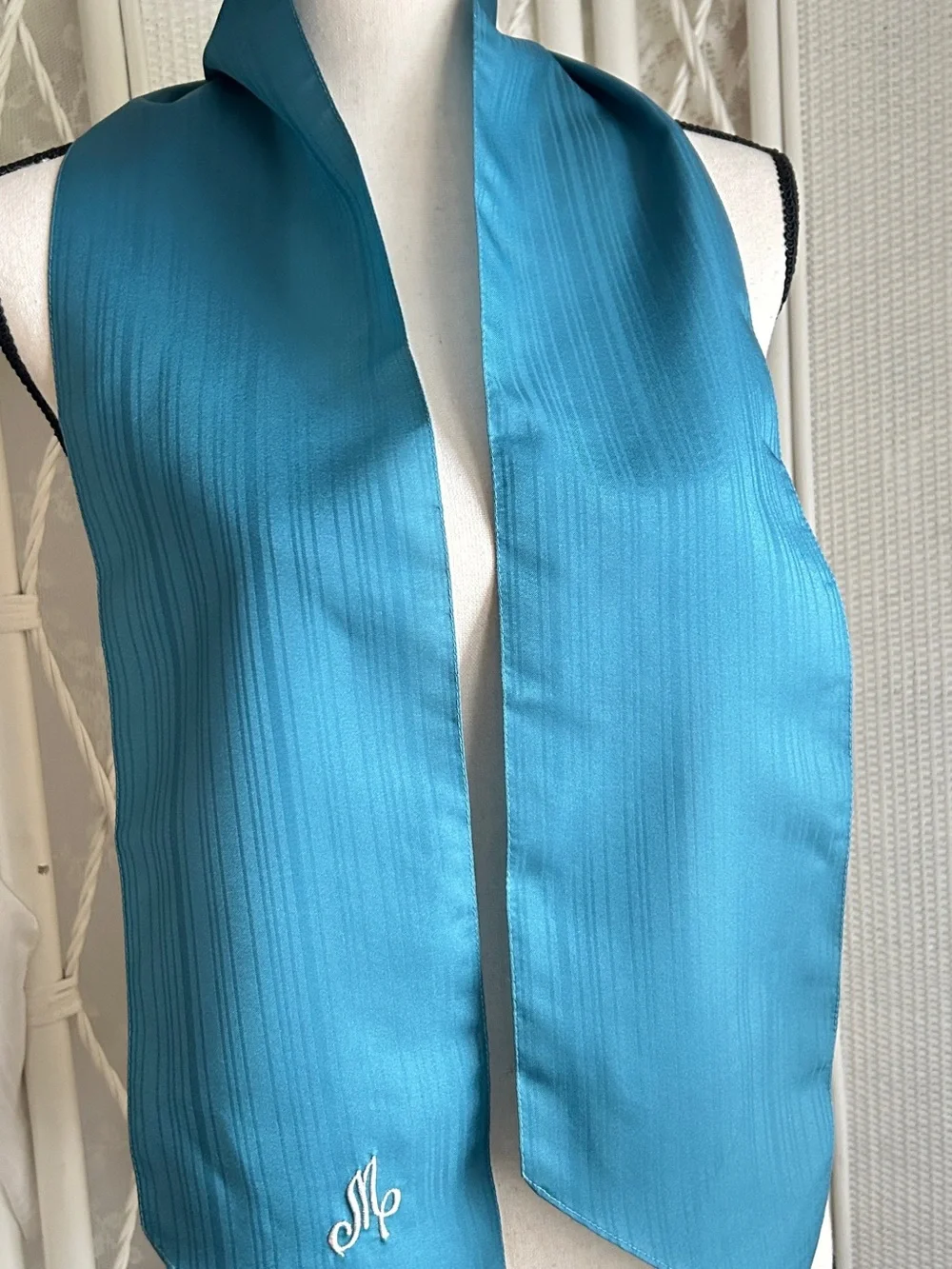 Vintage Teal Blue Green Scarf Monogram M 1970s Career Wear